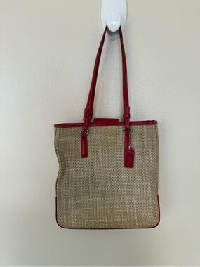 COACH Vintage Cabana Red Leather Woven Straw Shoulder Bag MOK-8157